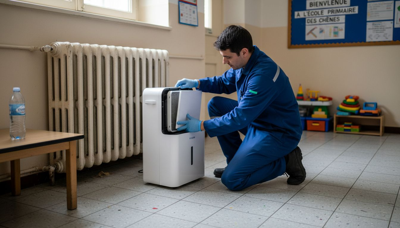 Un technicien procède à l'installation d'un filtre HEPA dans une pièce pour assurer une meilleure qualité de l'air.