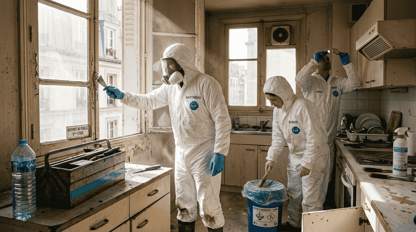 Une équipe spécialisée s’occupe actuellement de la décontamination dans la cuisine d’un appartement.