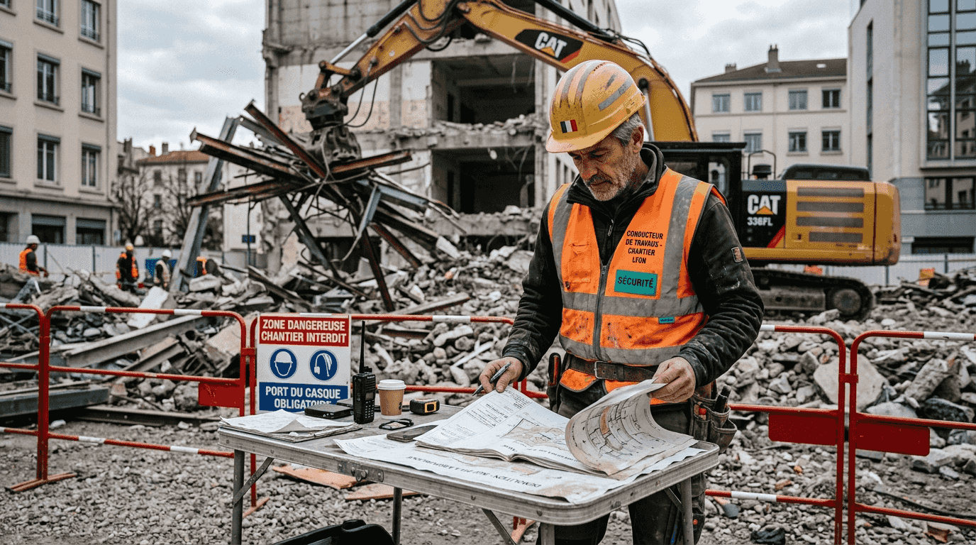 Le chef de chantier veille au bon déroulement de la démolition, en garantissant la sécurité sur ce chantier situé en zone urbaine.