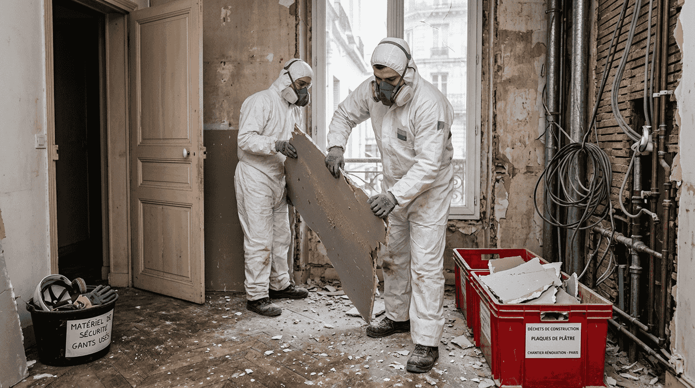 Des équipes d’ouvriers procèdent à la dépose sélective des éléments à l’intérieur du bâtiment.