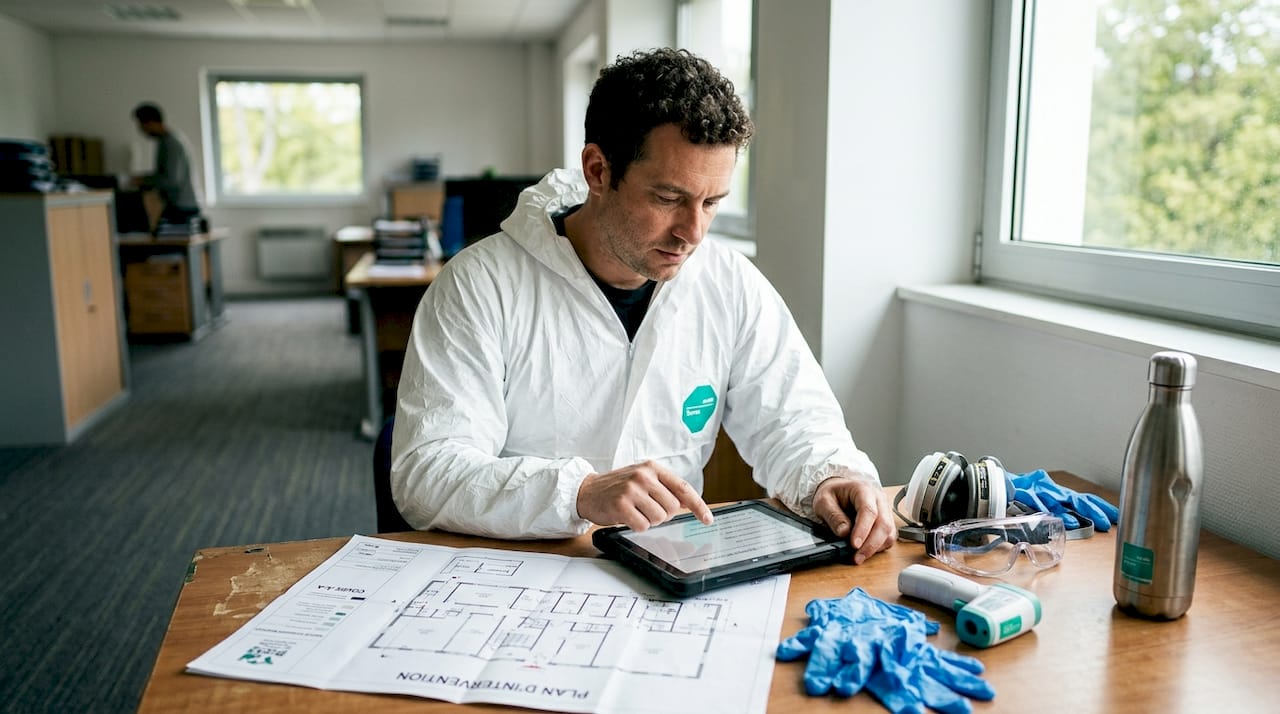 Le technicien s'occupe de mettre en place le protocole de décontamination, en veillant à organiser chaque étape du processus pour garantir une intervention optimale.