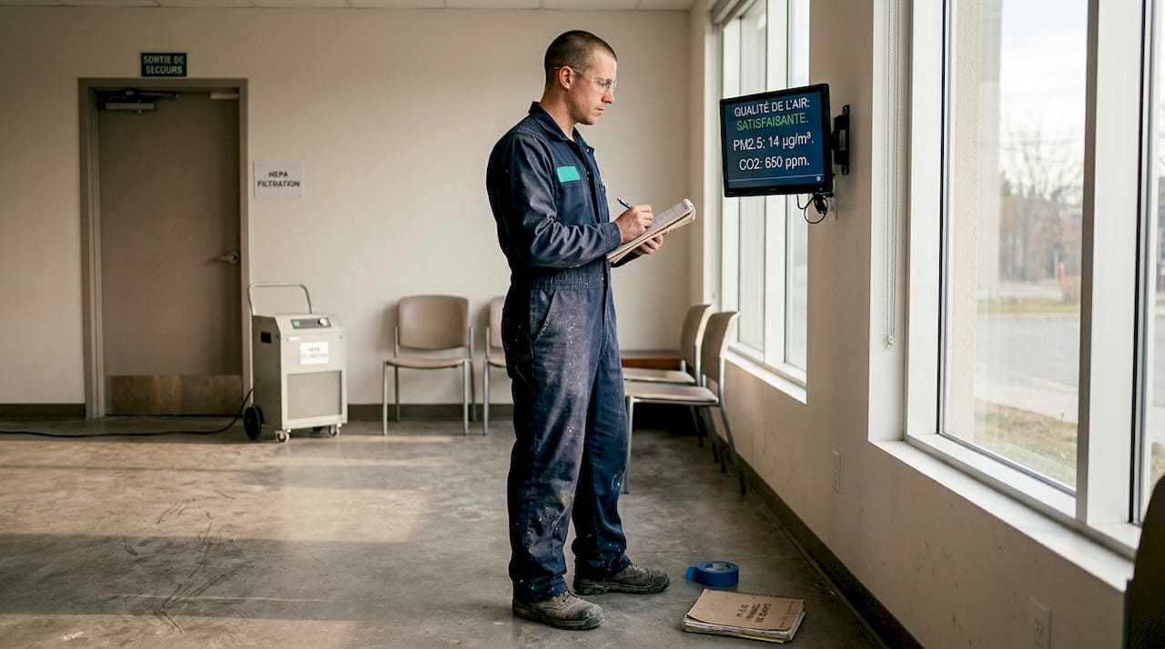 Vérification du système de filtration de l’air réalisée par un technicien spécialisé en décontamination