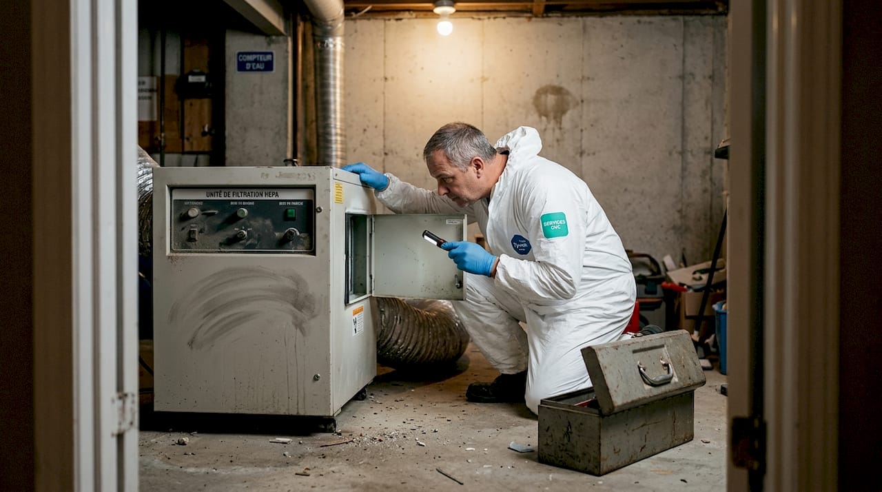 Un technicien procède à l’inspection d’une gaine de ventilation lors d’une opération de décontamination.
