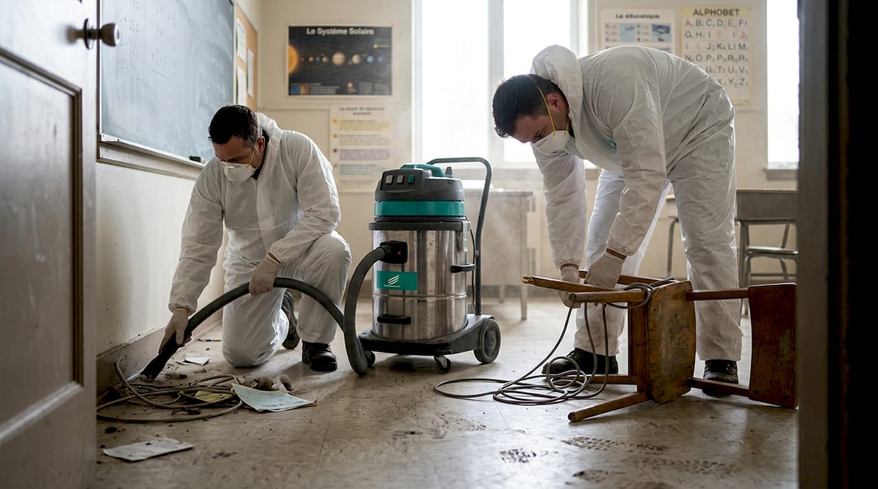 Des professionnels interviennent dans la salle de classe en utilisant un aspirateur équipé d’un filtre HEPA.