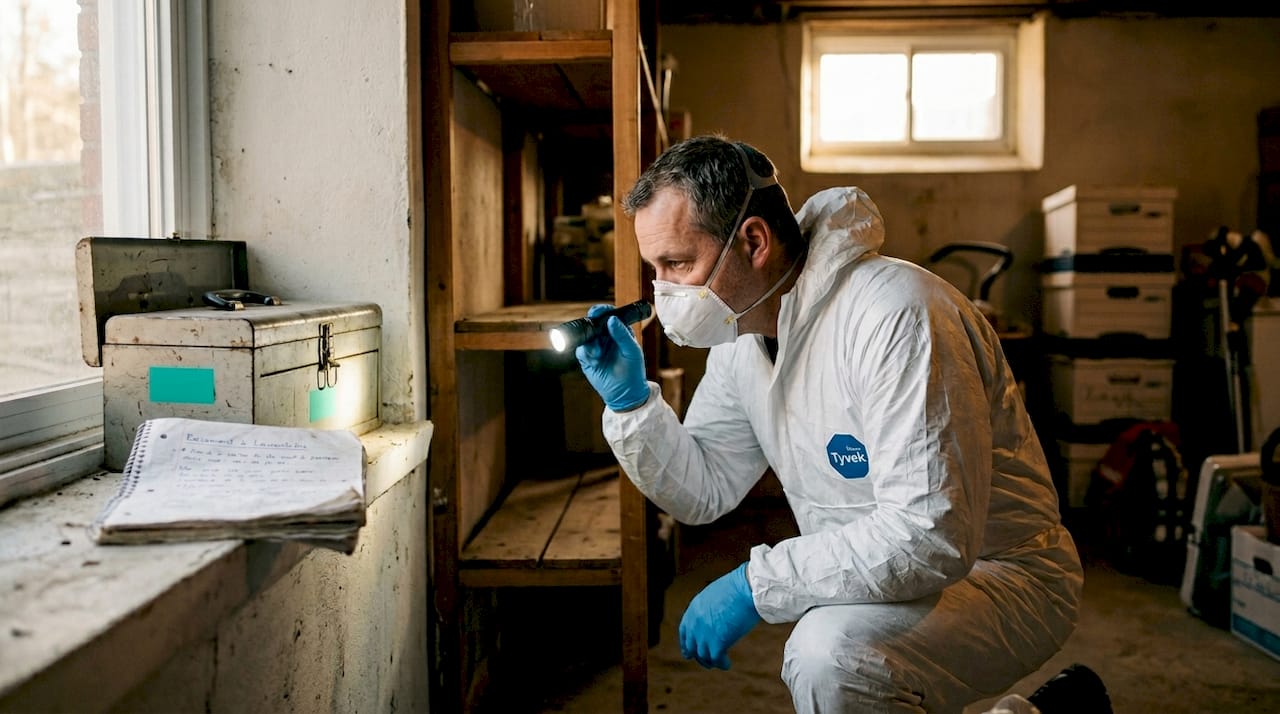 Un technicien examine minutieusement un angle du sous-sol d’une maison.