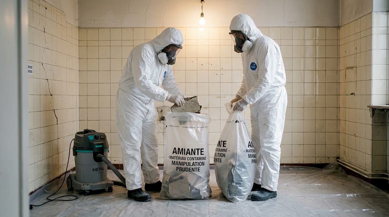 Des professionnels interviennent pour retirer l’amiante présent dans une salle de bain.