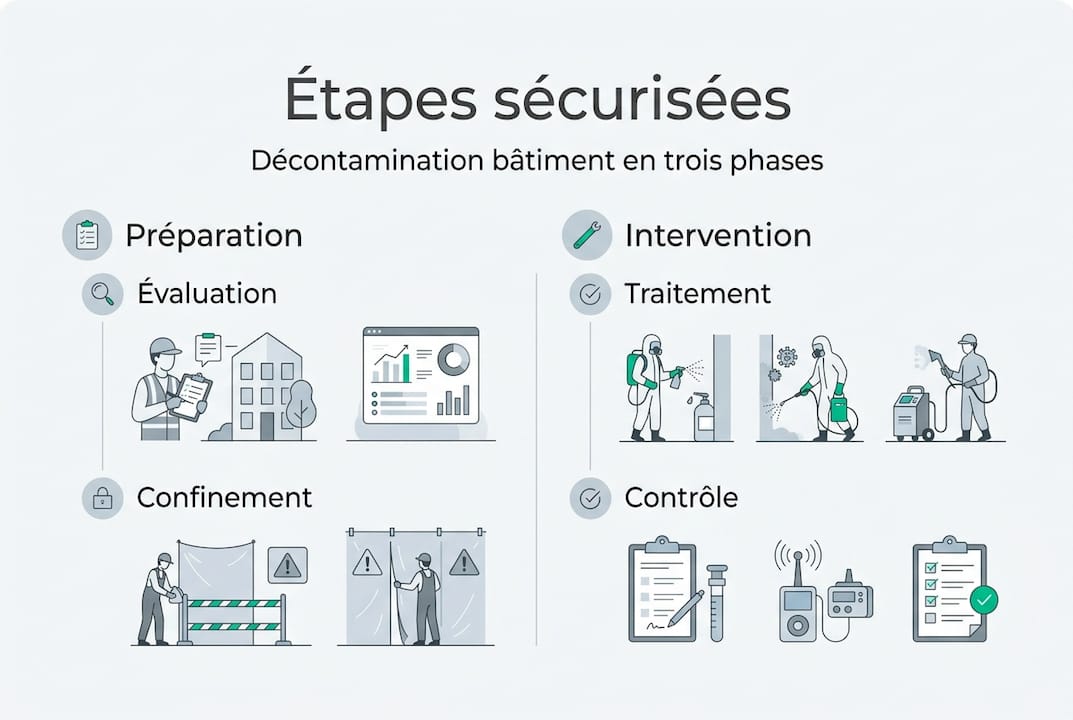 Infographie : les différentes étapes pour assurer une décontamination sécurisée d’un bâtiment