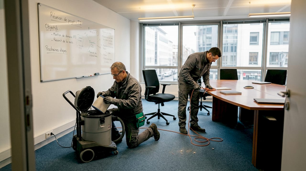 L’équipe procède à la décontamination de la salle à l’aide de l’équipement prévu à cet effet.