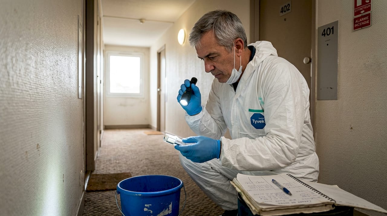 Un spécialiste de la décontamination procède à l’inspection minutieuse d’une surface à l’intérieur d’un bâtiment.