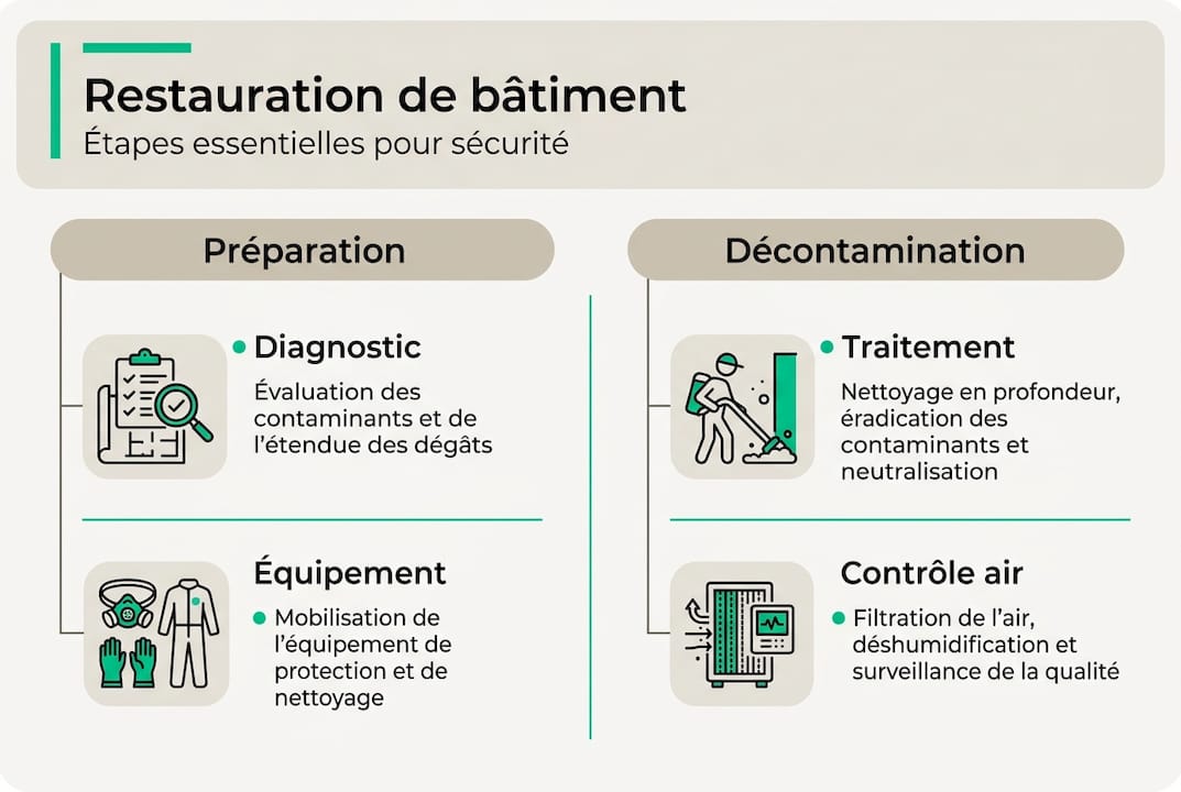 Infographie : les différentes étapes pour la décontamination d’un bâtiment