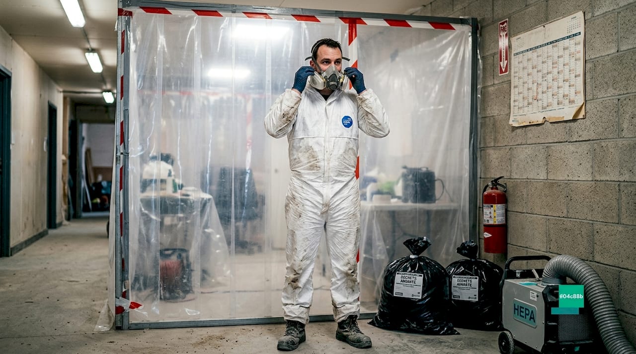 Sur un site de décontamination, un technicien ajuste soigneusement son masque de protection avant de commencer son intervention.