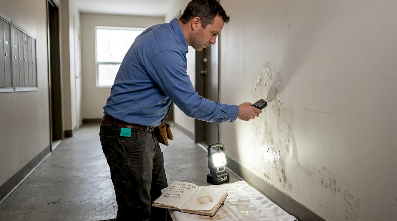 Un inspecteur procède à l’analyse du mur pour détecter d’éventuelles traces de contamination dans le bâtiment.