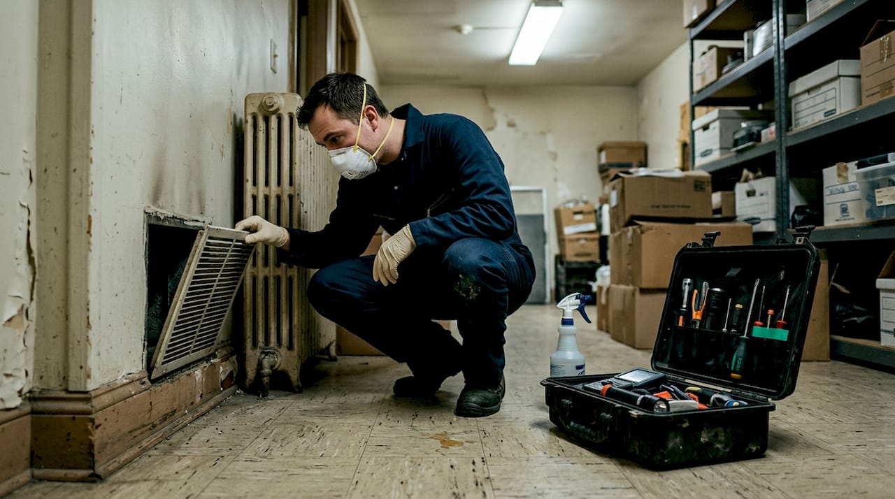 Un spécialiste intervient pour nettoyer et assainir une zone contaminée dans un bâtiment ancien.