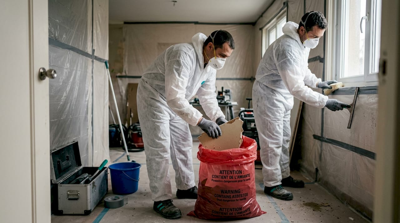 Des ouvriers procèdent à l’emballage de déchets d’amiante dans une zone confinée.