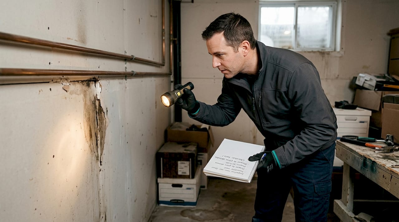 Un technicien examine une tache de moisissure repérée dans la cave.