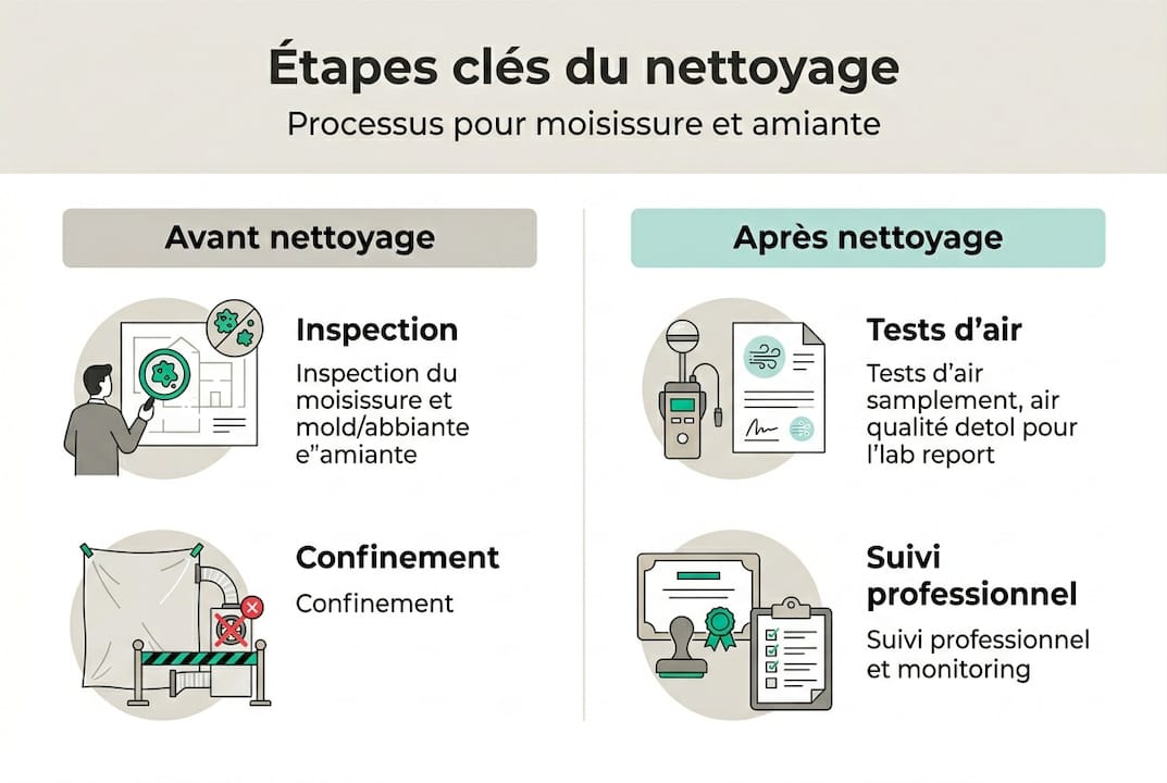 Schéma des principales étapes pour éliminer efficacement la moisissure et l’amiante