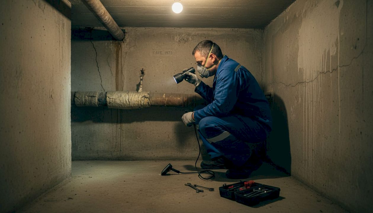 Un spécialiste procède à un diagnostic amiante dans une maison ancienne.