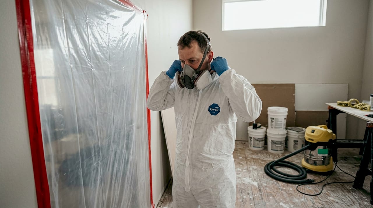 Un technicien procède à l’inspection d’une zone de retrait sous haute sécurité.