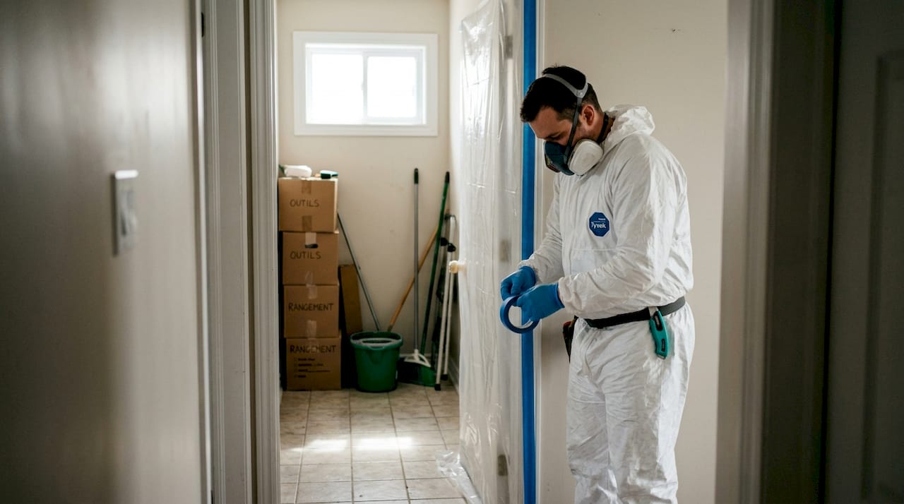 Un technicien procède à l’isolation d’une entrée afin de préparer une opération de décontamination.