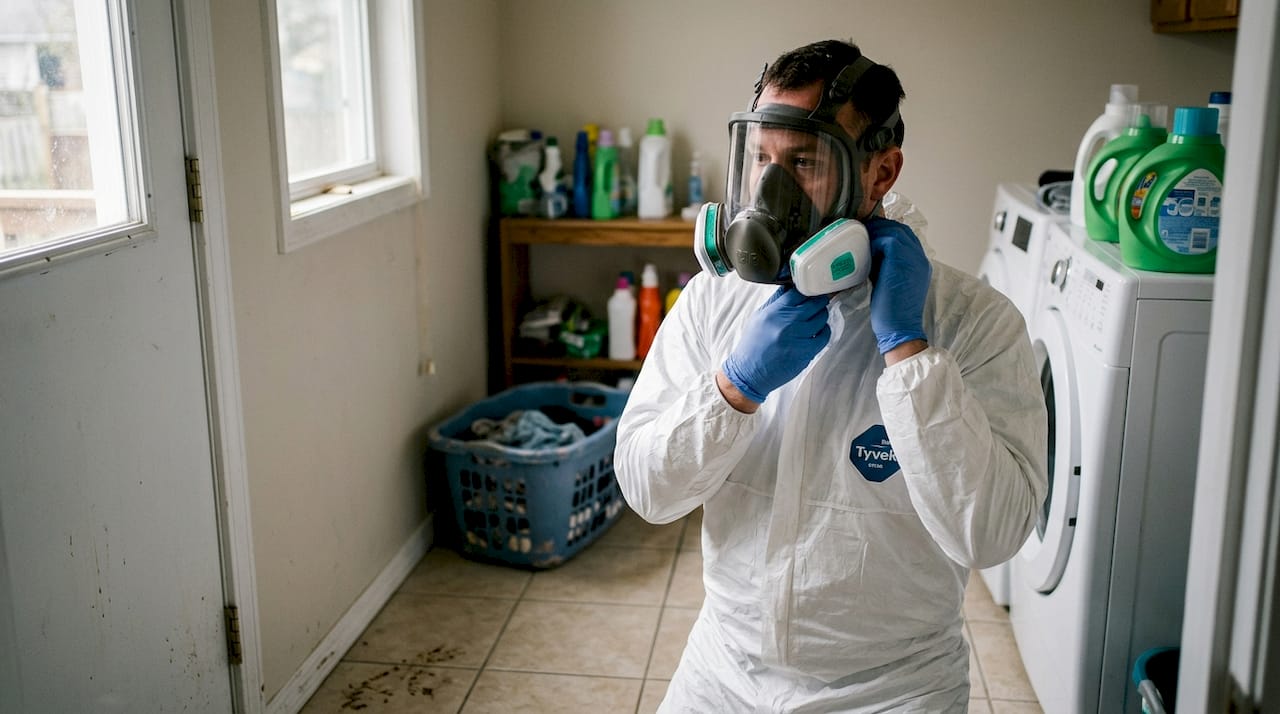 Un technicien procède aux réglages des équipements de décontamination.