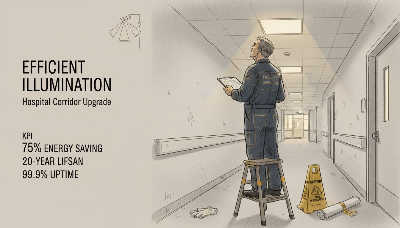 Engineer inspecting hospital lighting for energy efficiency