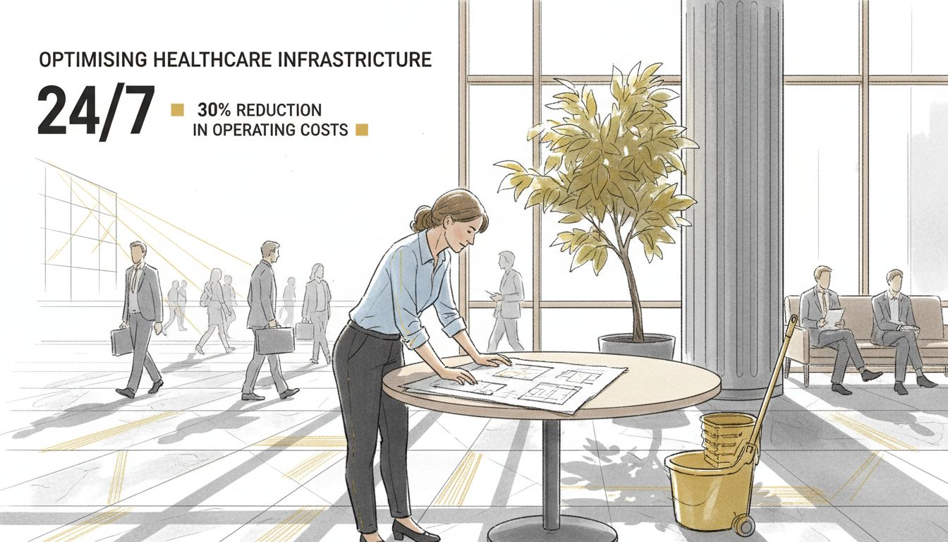 Manager reviewing floorplans in sunlit hospital lobby