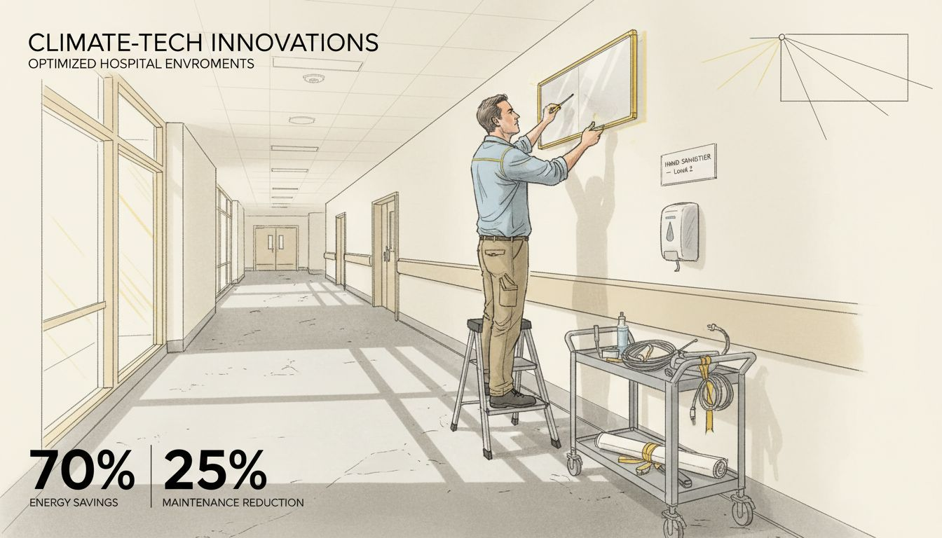 Facility manager adjusting reflective lighting panel in hospital hallway