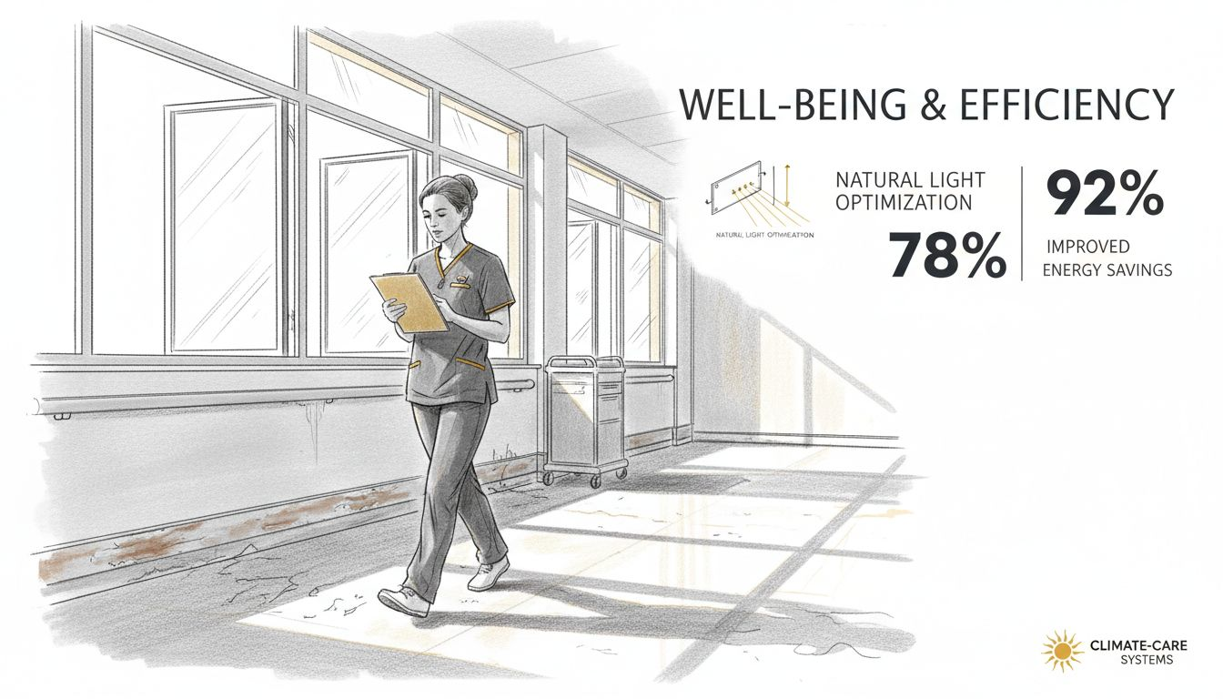 Nurse walking in bright daylight hospital corridor