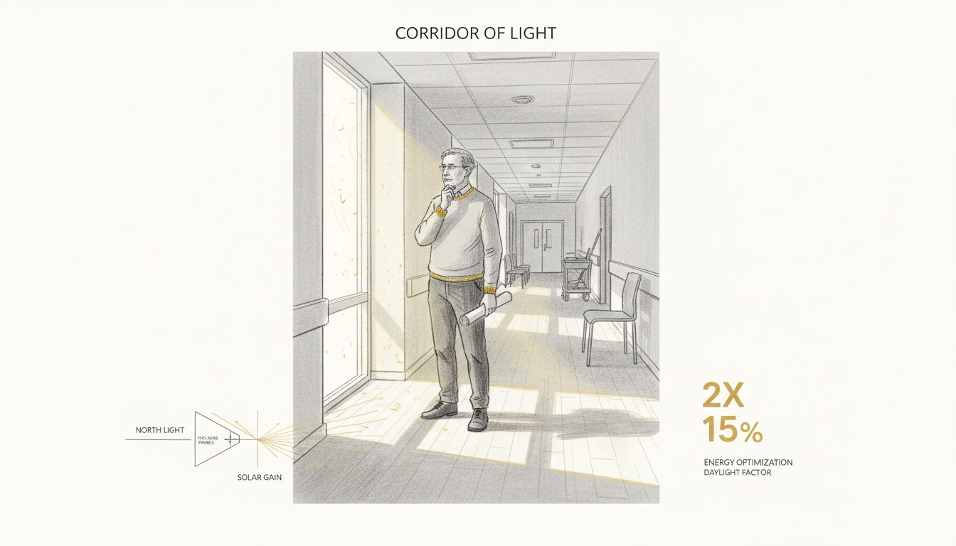 Architect observing daylight in hospital corridor