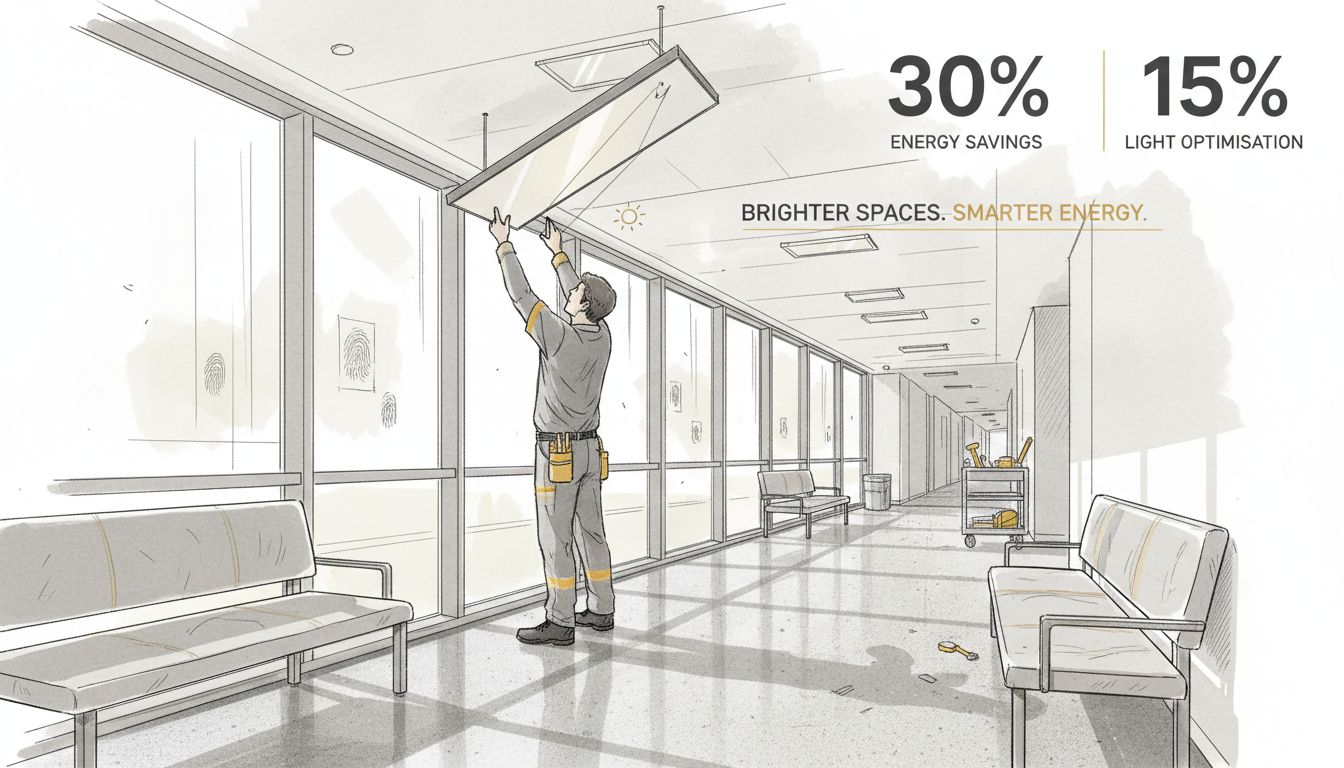 Technician adjusts daylighting tech in hospital corridor