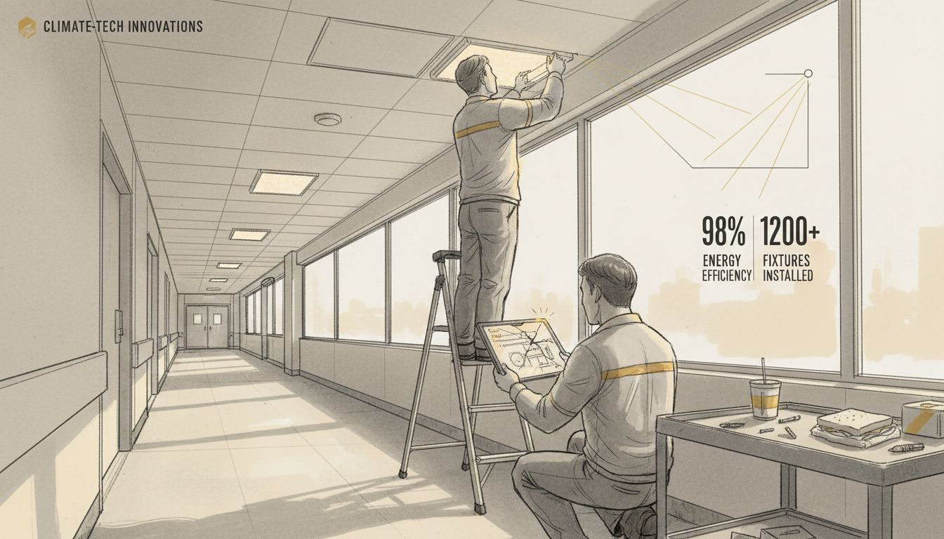 Electricians installing LED lights in hospital corridor