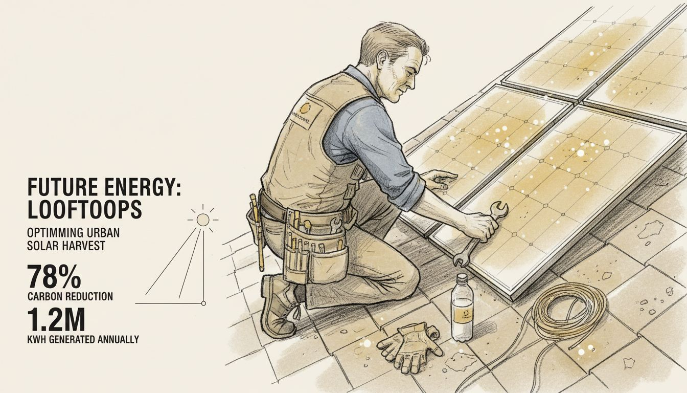 Technician adjusting solar panels on hospital roof