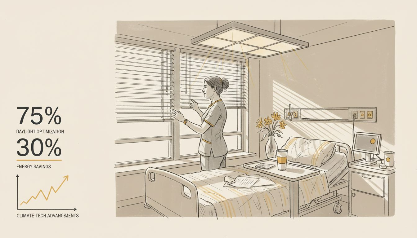 Nurse adjusting blinds in solar-lit patient room