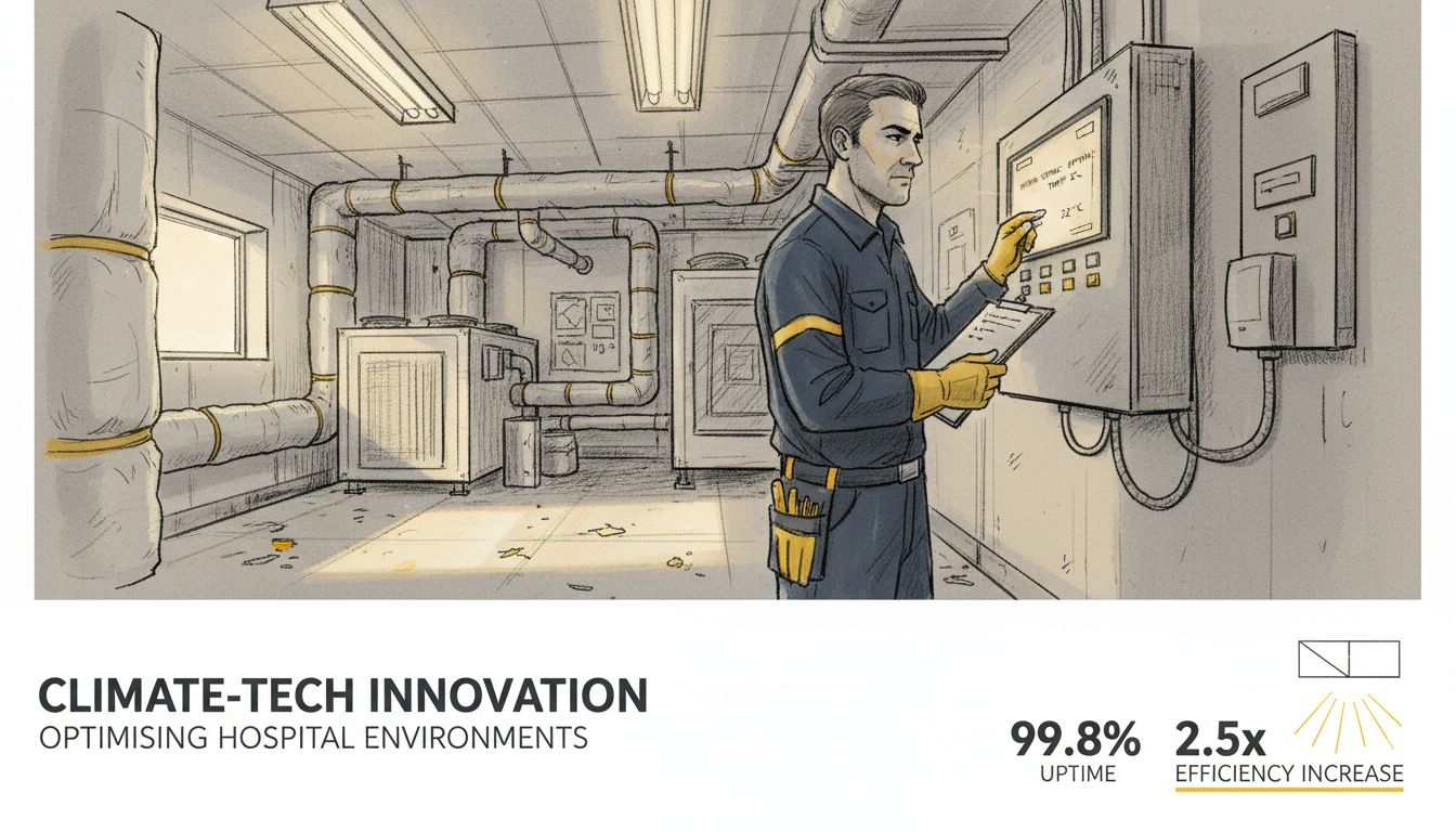 Engineer inspecting hospital energy systems in utility room