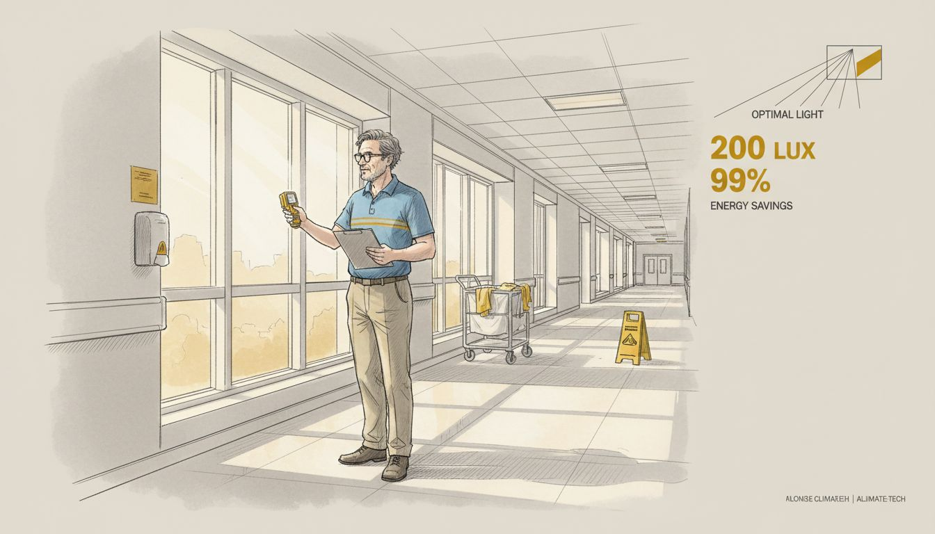 Manager recording light in sunny hospital corridor