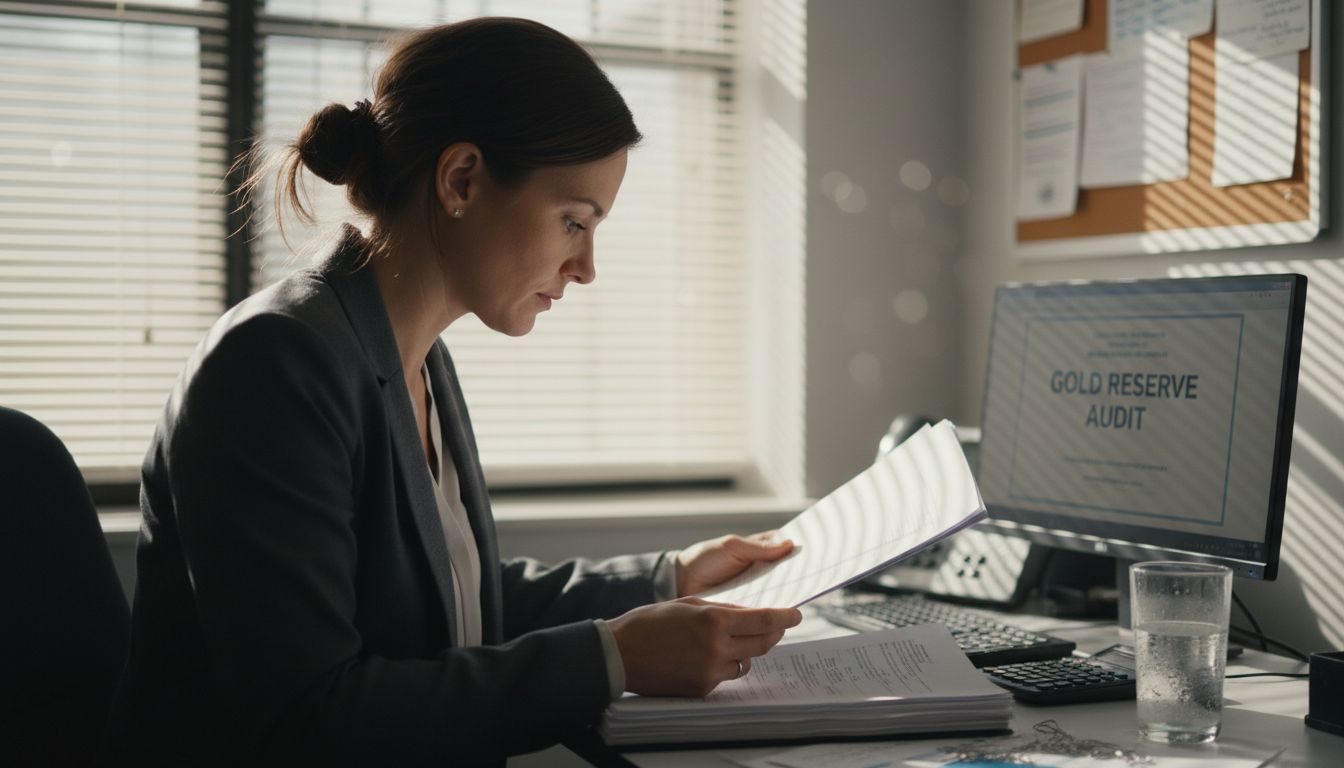 Woman checks gold token audit in office