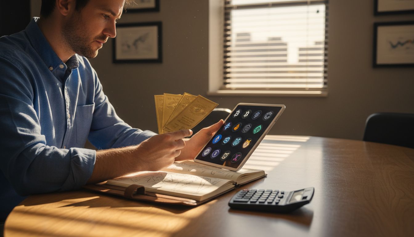 Comparing gold certificate papers and crypto on tablet