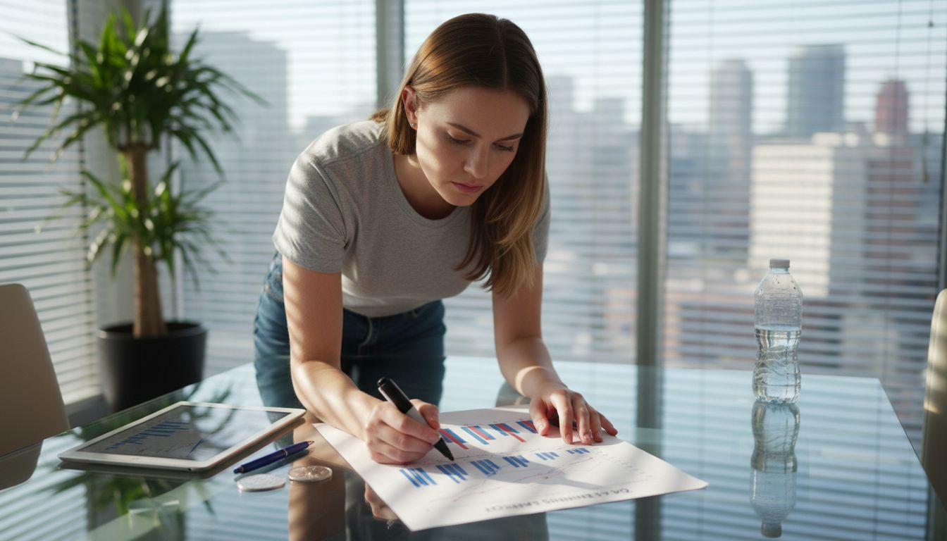 Reviewing financial chart with silver tokens