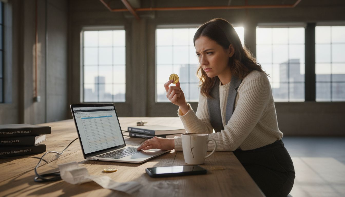 Woman studying gold token and laptop