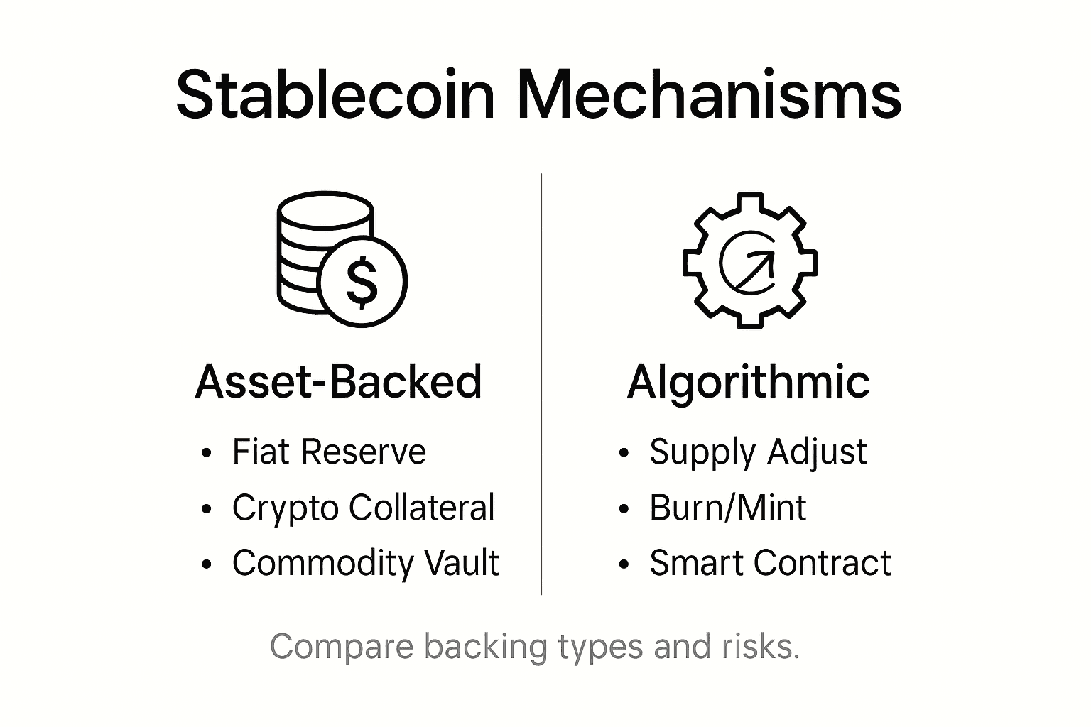 Infographic comparing stablecoin stabilization methods