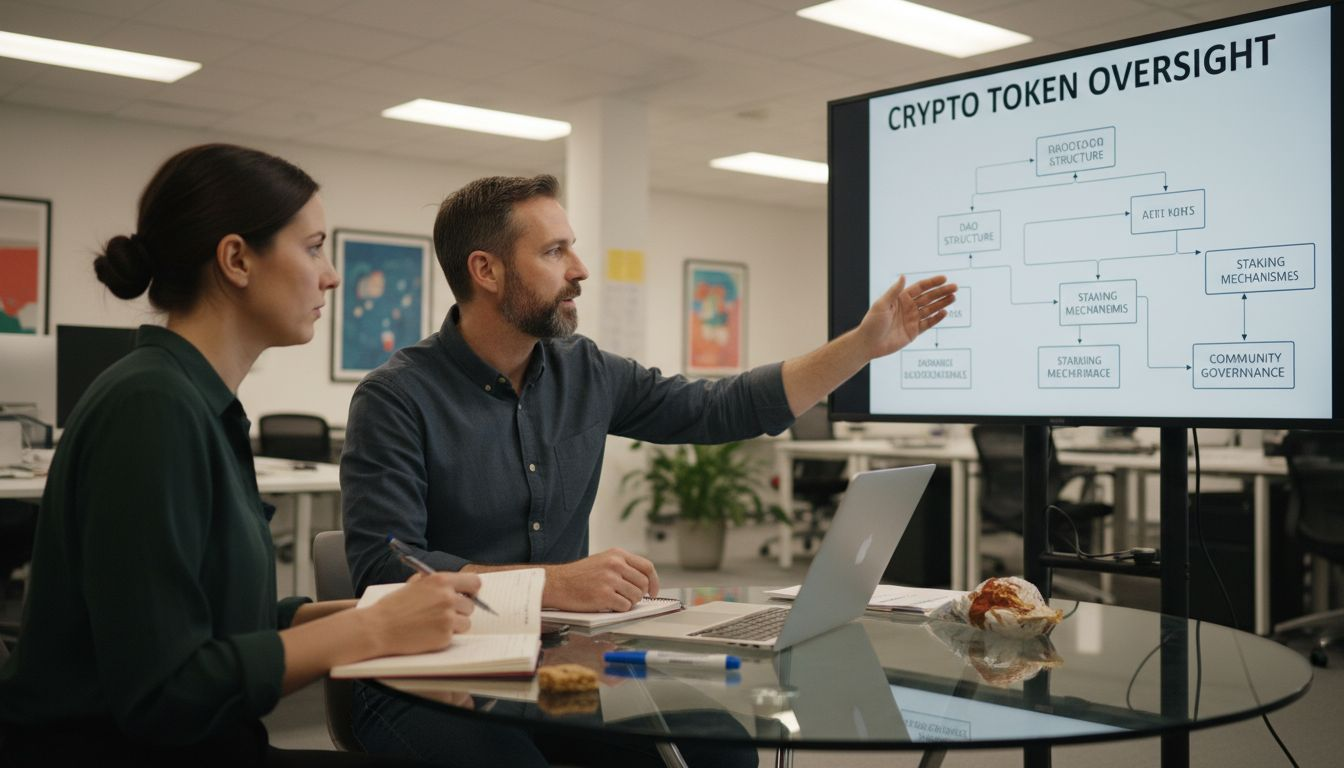 Team reviewing crypto token governance flowchart