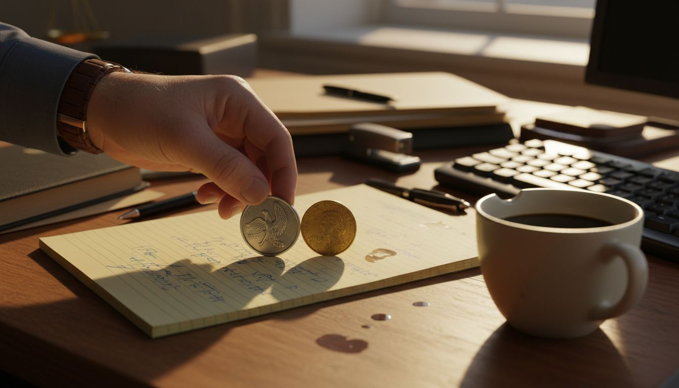 Close-up gold and silver tokens on desk