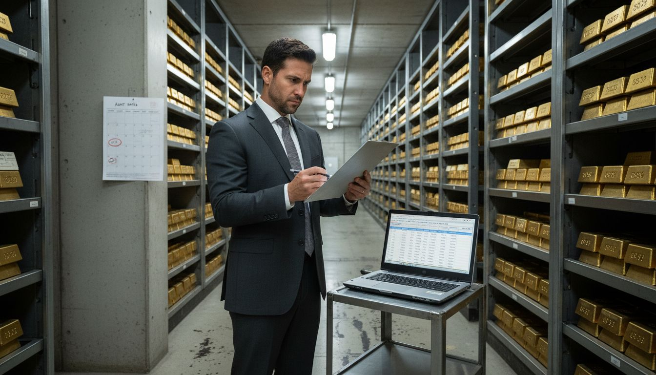 Auditor inspecting numbered gold bars in vault