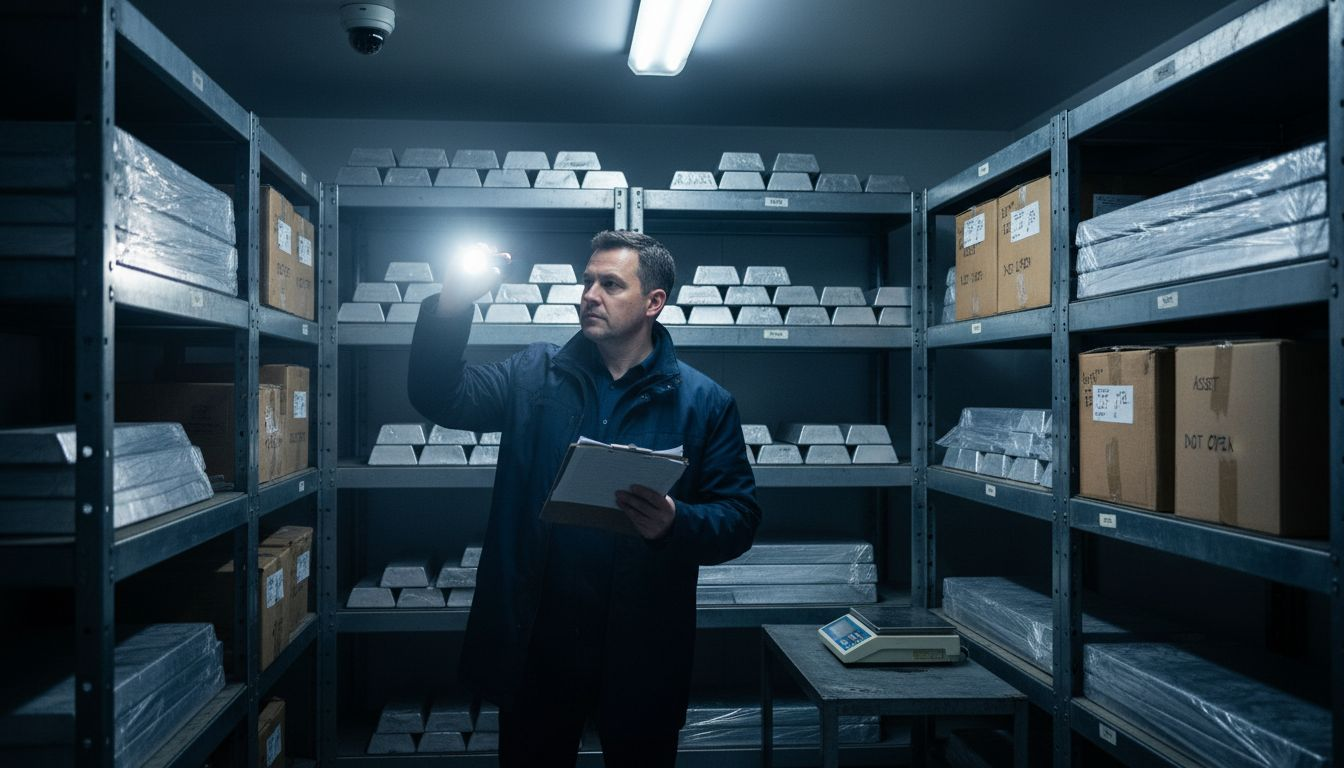 Auditor inspecting silver bars in vault