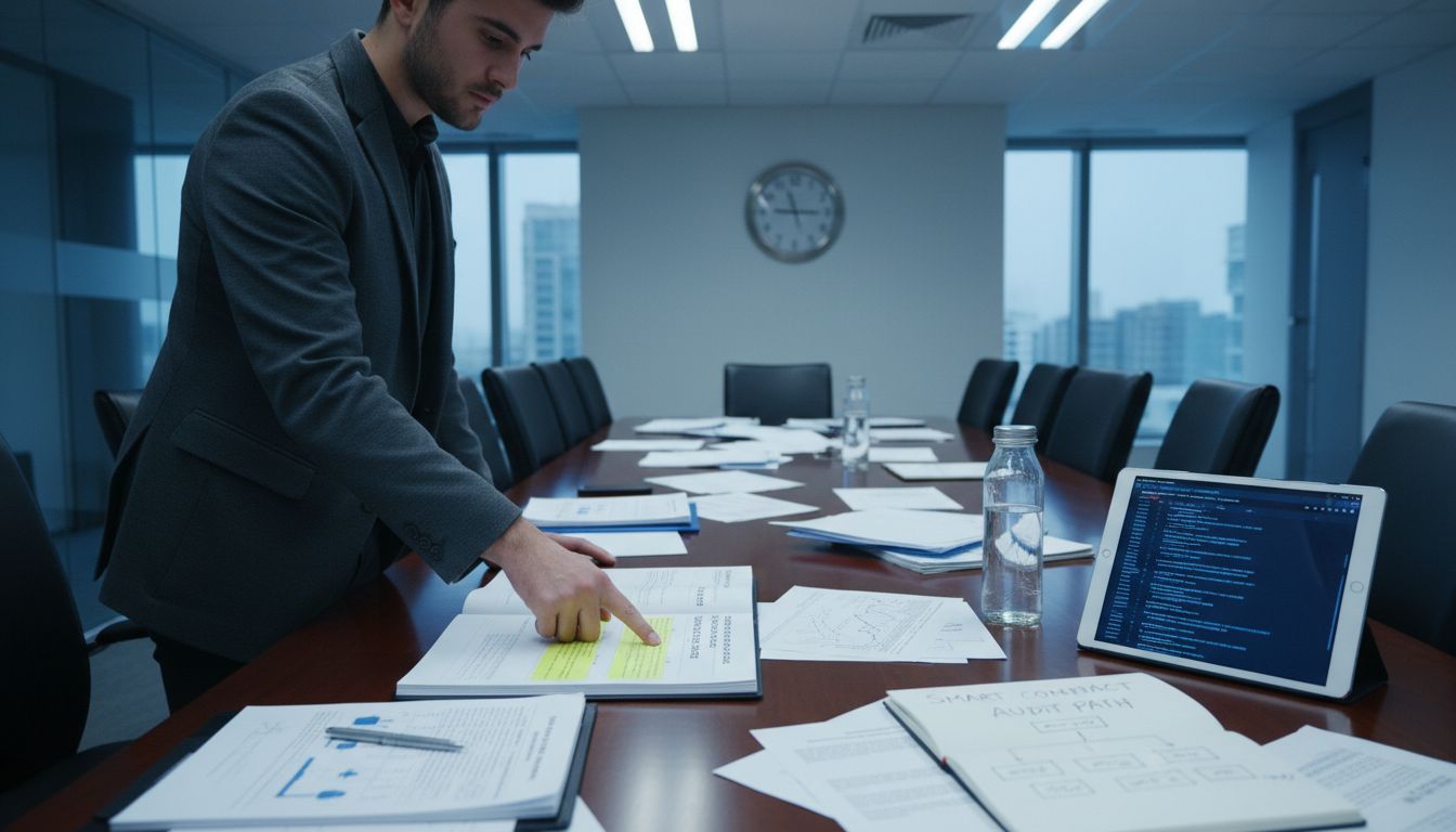 Person examines blockchain audit documents