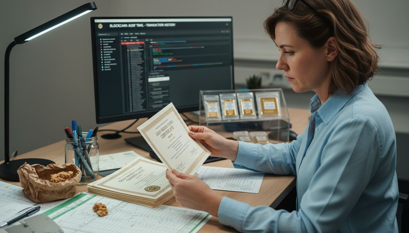 Auditor verifying gold token certificates on computer