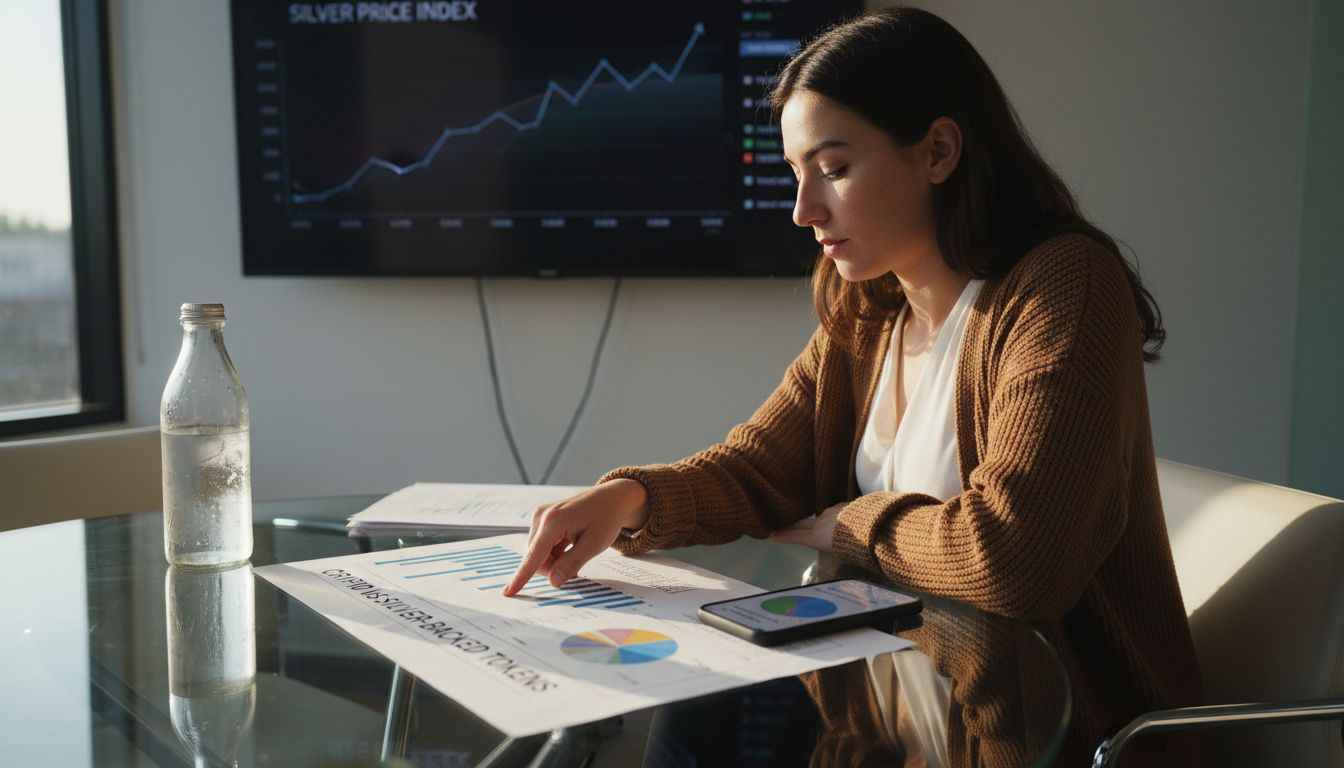 Woman reviewing silver token comparison chart