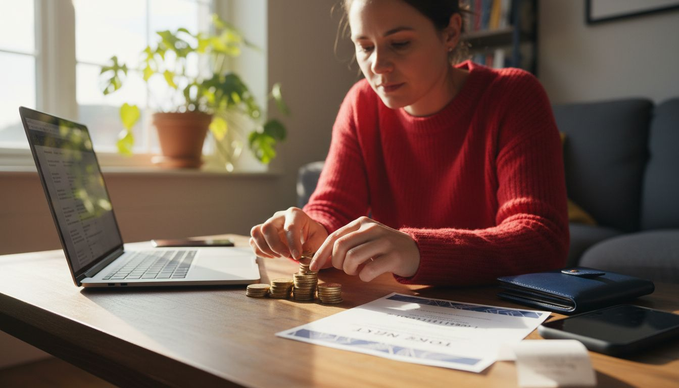 Woman arranging gold coins and crypto wallet