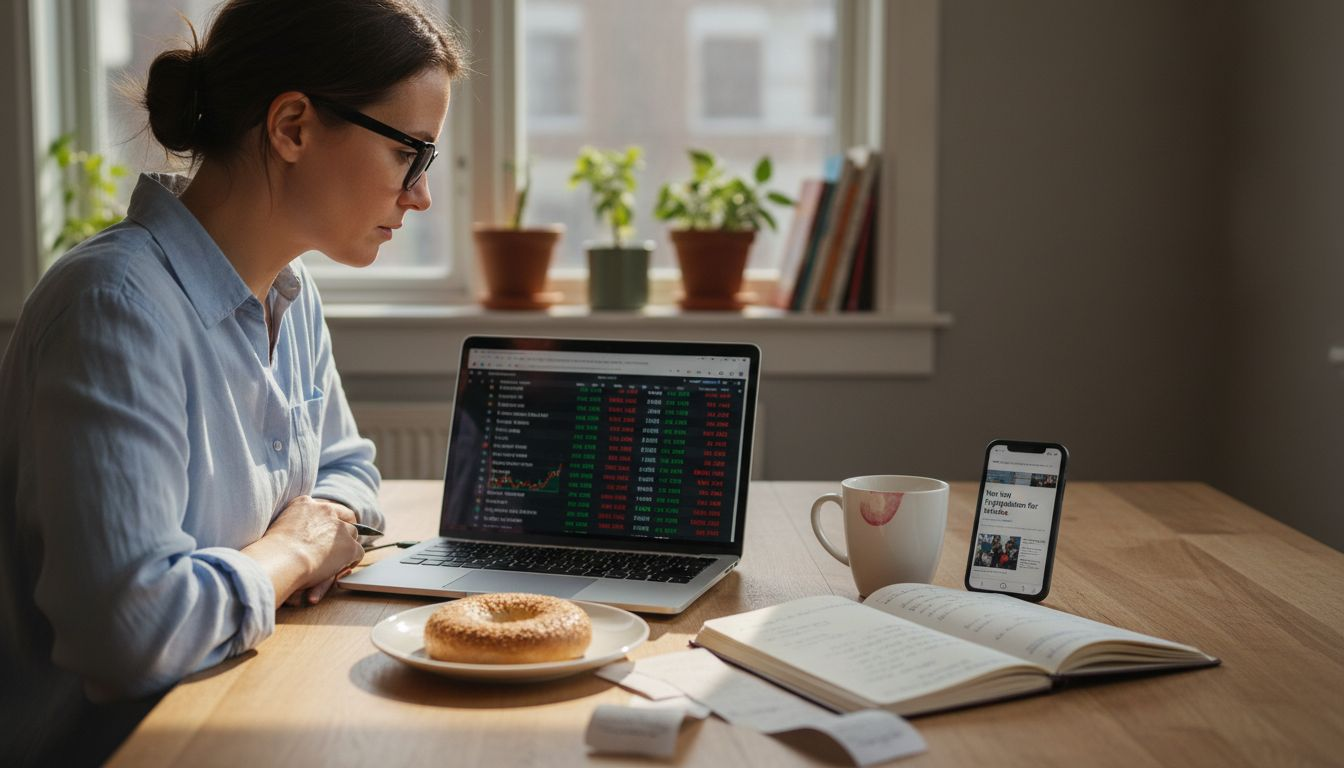 Woman researching asset-backed cryptocurrencies at home