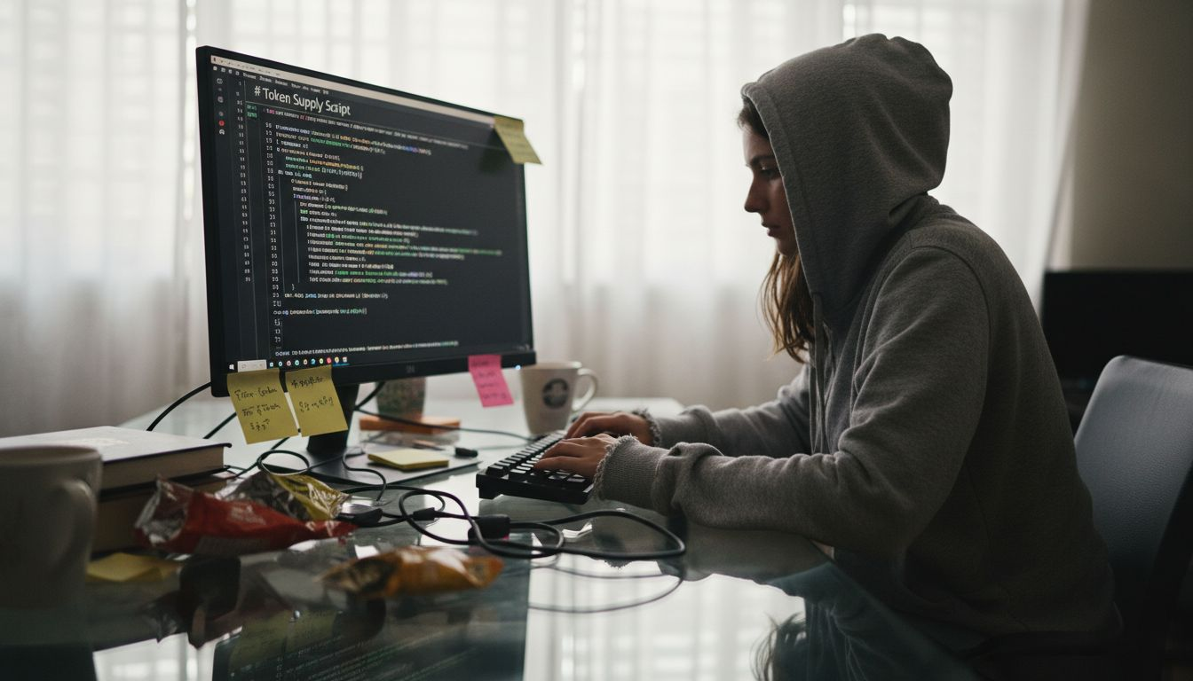 Developer coding algorithmic stablecoin software